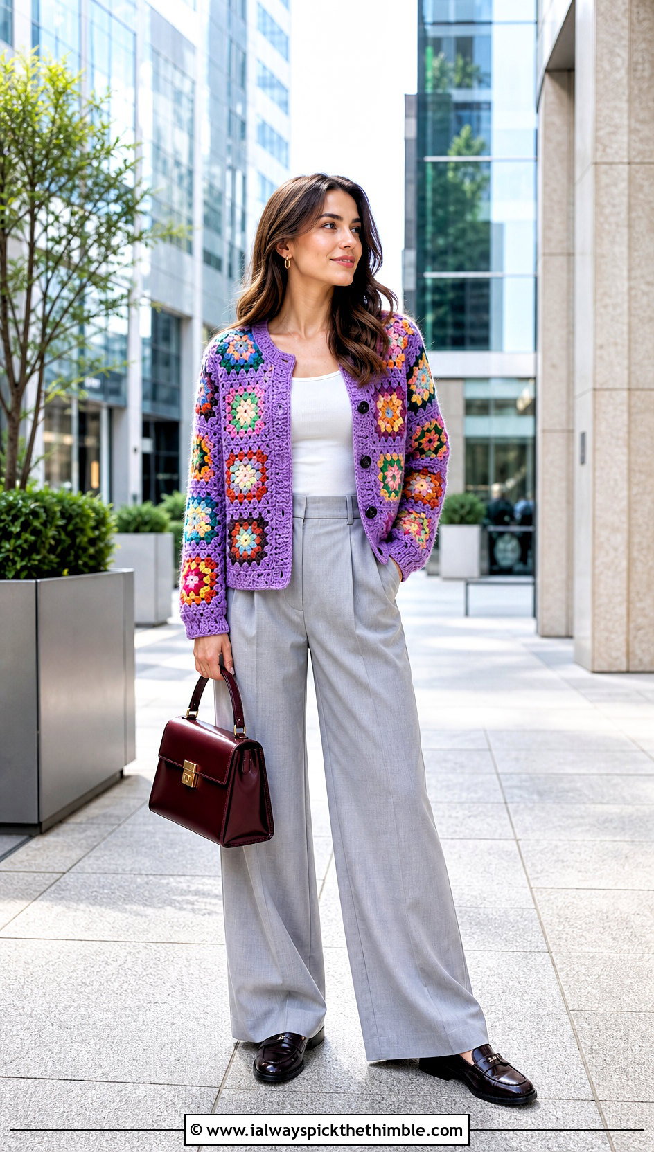 Alice Olivia Granny Square Crochet Cardigan With Tailored Trousers - 15 alice and olivia crochet cardigan outfit ideas