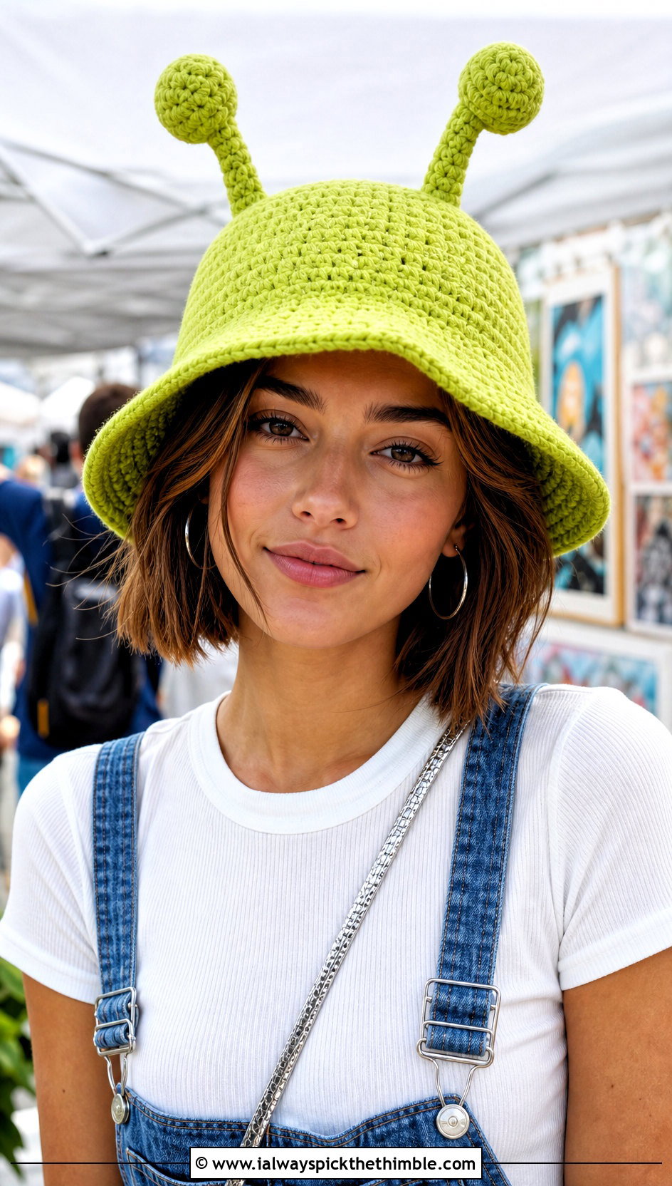 Alien Antenna Crochet Bucket Hat With Denim Overalls - 20 Weird Crochet Hat outfit ideas