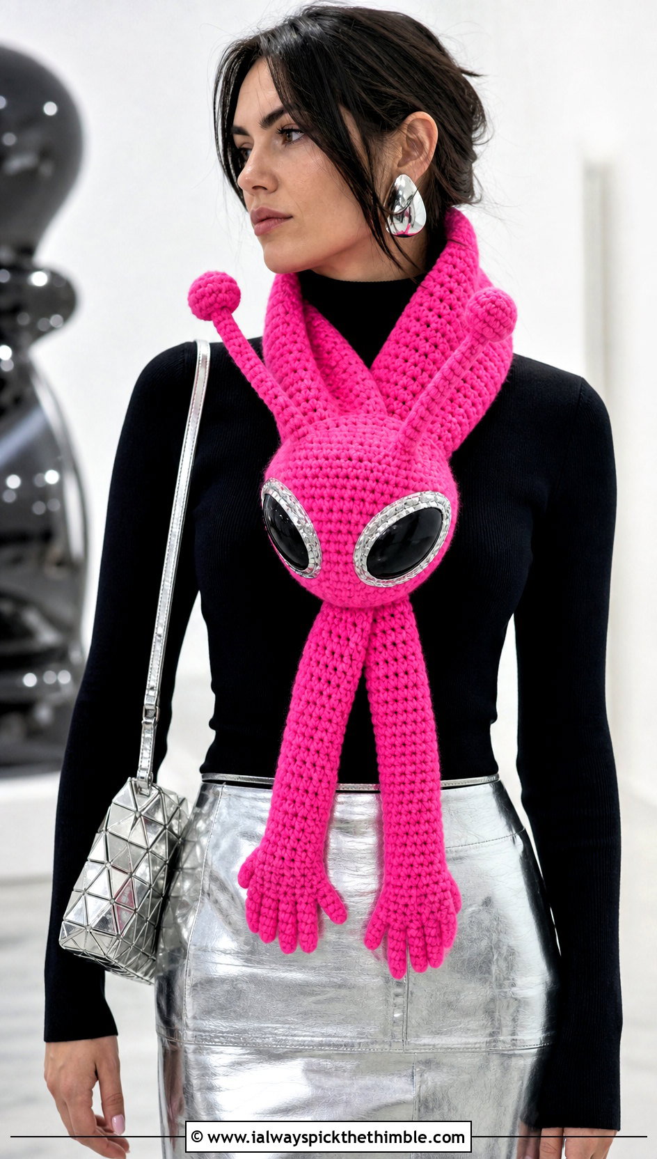 Alien Crochet Scarf With Metallic Skirt Outfit - 15 Funny Crochet Scarves outfit ideas