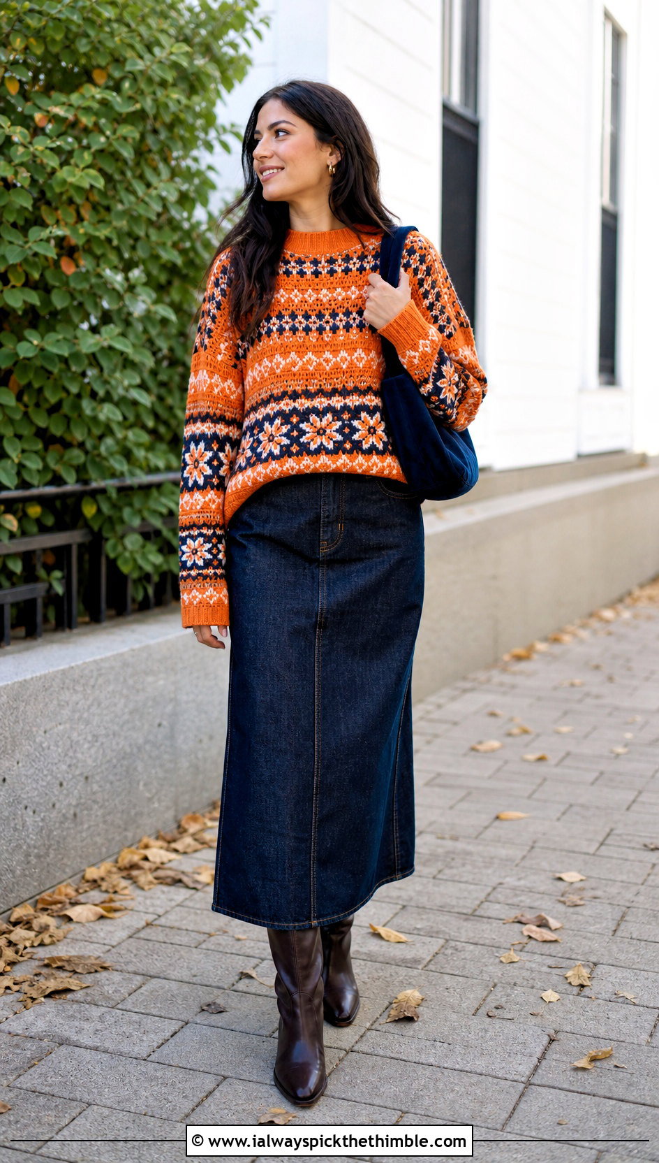 All Over Motif Crochet Fairisle Sweater With Denim Maxi Skirt - 15 Crochet Fairisle Sweater outfit ideas