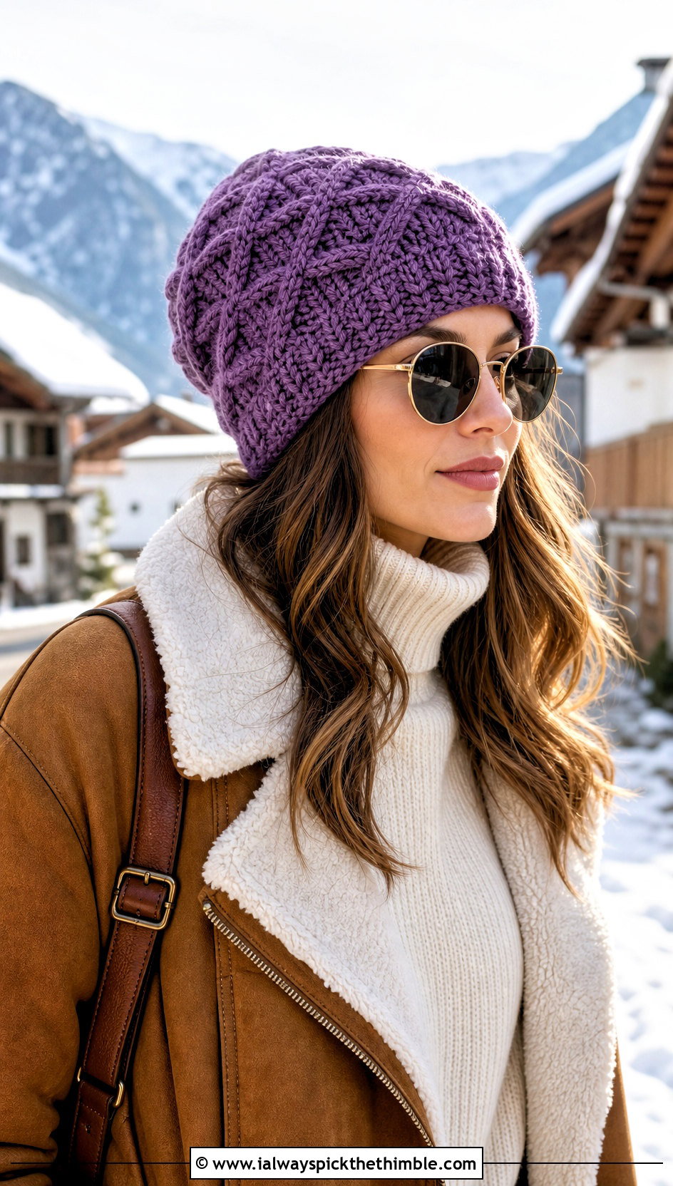 Alpine Cable Crochet Beanie With Shearling Jacket - 15 cabled crochet beanie design outfit ideas