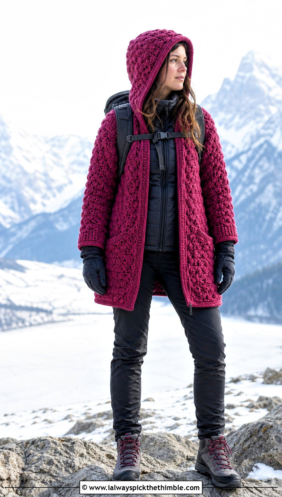 Alpine Hooded Crochet Jacket With Hiking Pants - 20 crochet winter jacket outfit ideas