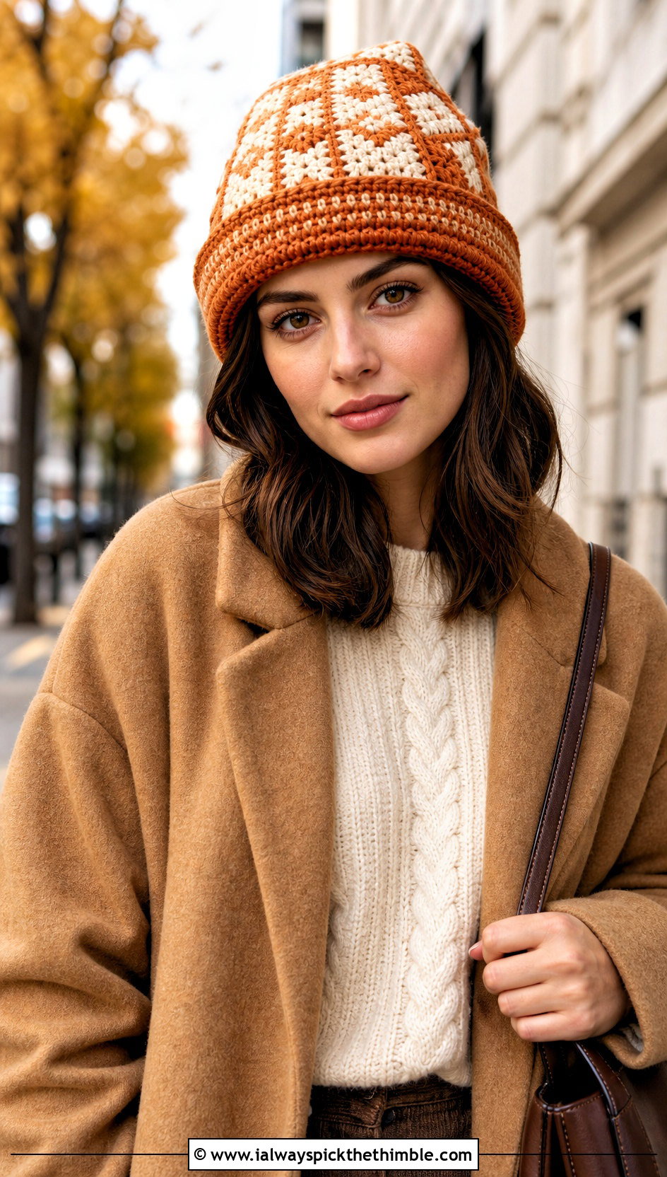 Alpine Plaid Mosaic Hat With Camel Coat - 25 mosaic crochet hat outfit ideas