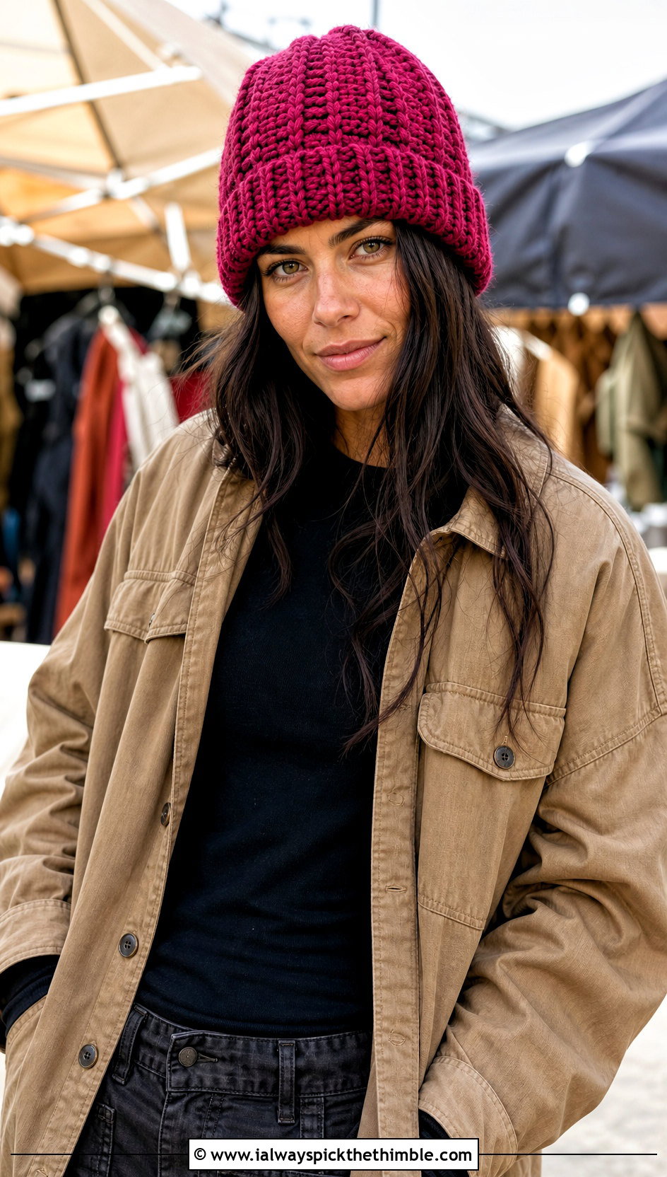 Alpine Stitch Beanie With Shacket And Cargo Jeans - 20 crochet stitch hat outfit ideas