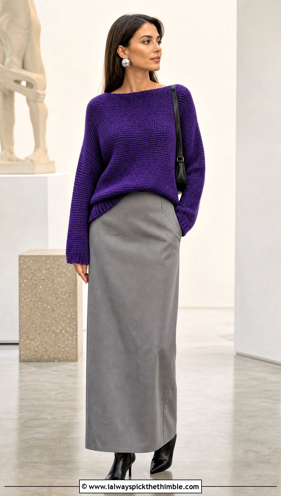 Alpine Stitch Boatneck Sweater With Column Skirt - 20 crochet alpine stitch sweater outfit ideas