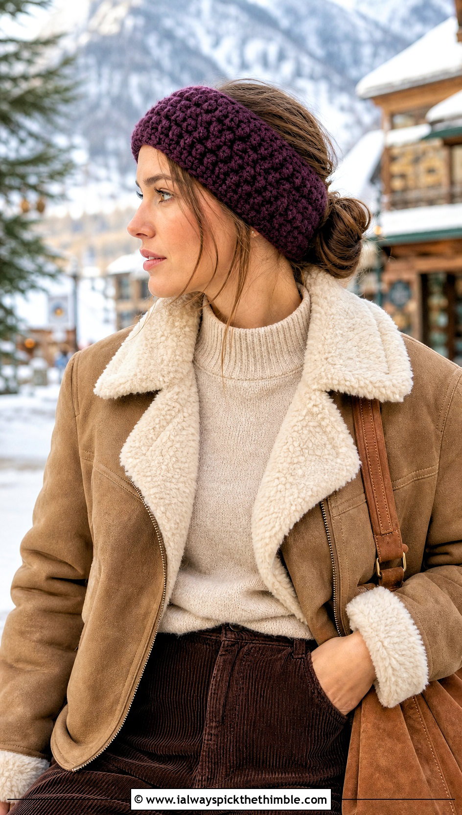 Alpine Stitch Bulky Crochet Ear Warmer With Shearling Jacket - 20 Bulky Crochet Ear Warmer outfit ideas