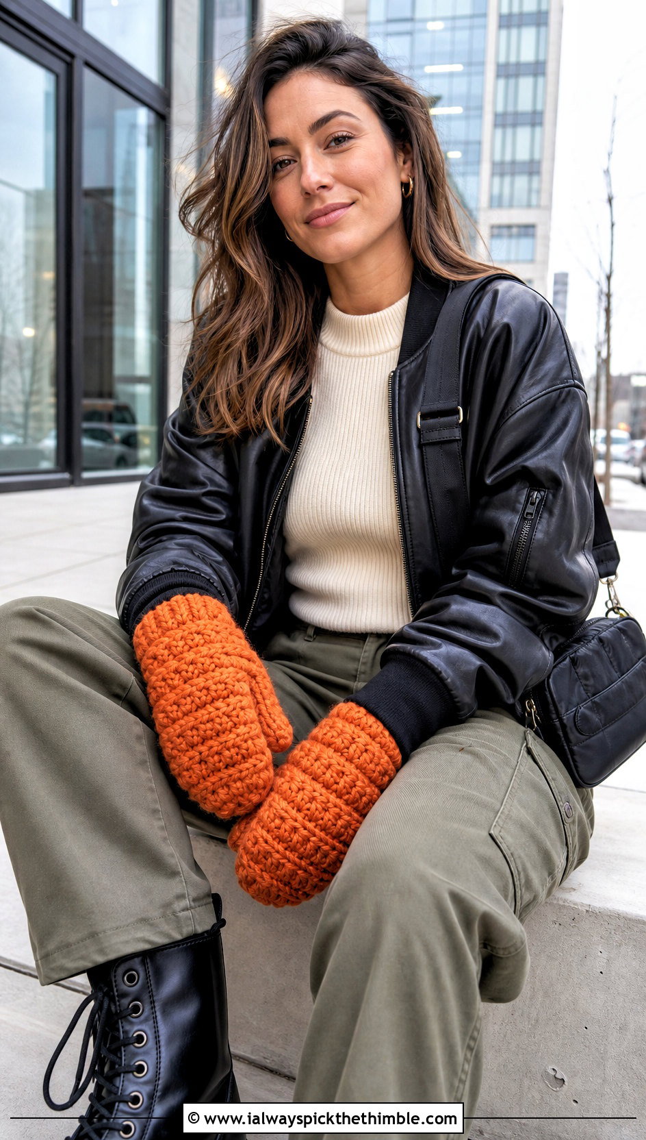 Alpine Stitch Bulky Crochet Mittens With Leather Jacket And Cargo Pants - 15 Bulky Crochet Mittens outfit ideas