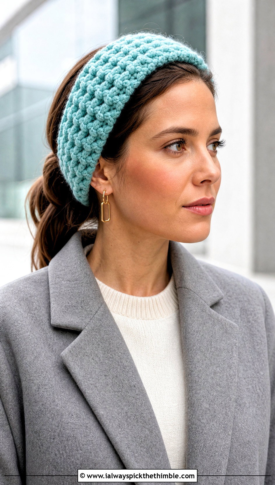 Alpine Stitch Bulky Yarn Crochet Headband With Blazer - 20 bulky yarn crochet headband outfit ideas
