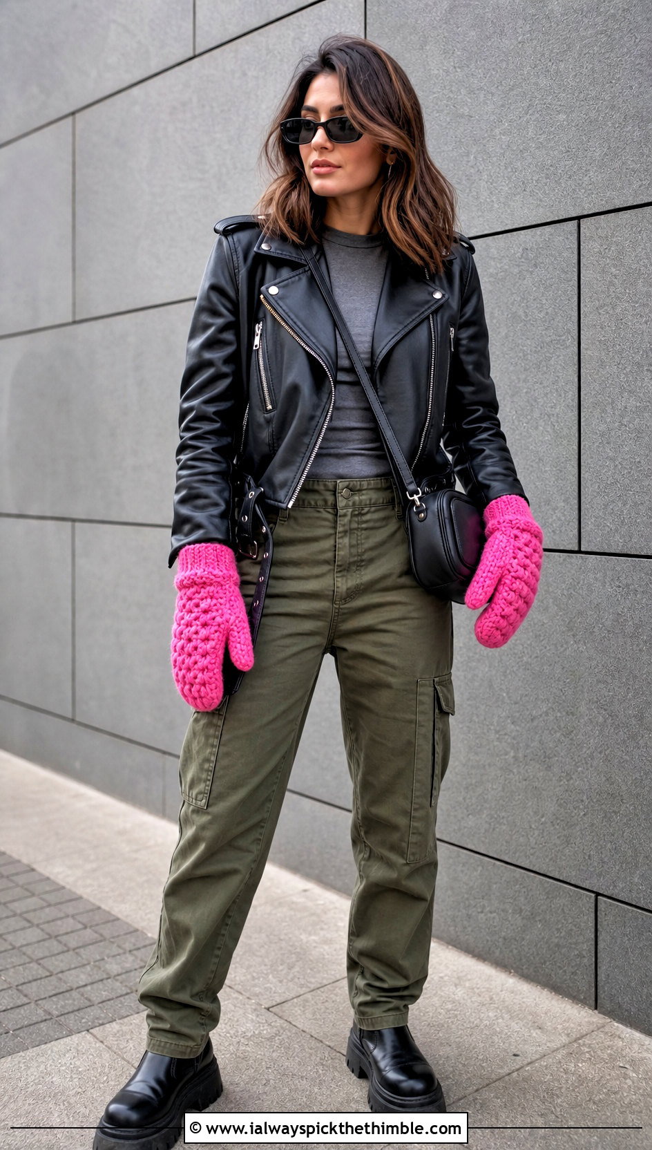 Alpine Stitch Bulky Yarn Crochet Mittens With Leather Jacket And Cargo Pants - 20 Crochet Mittens Bulky Yarn outfit ideas