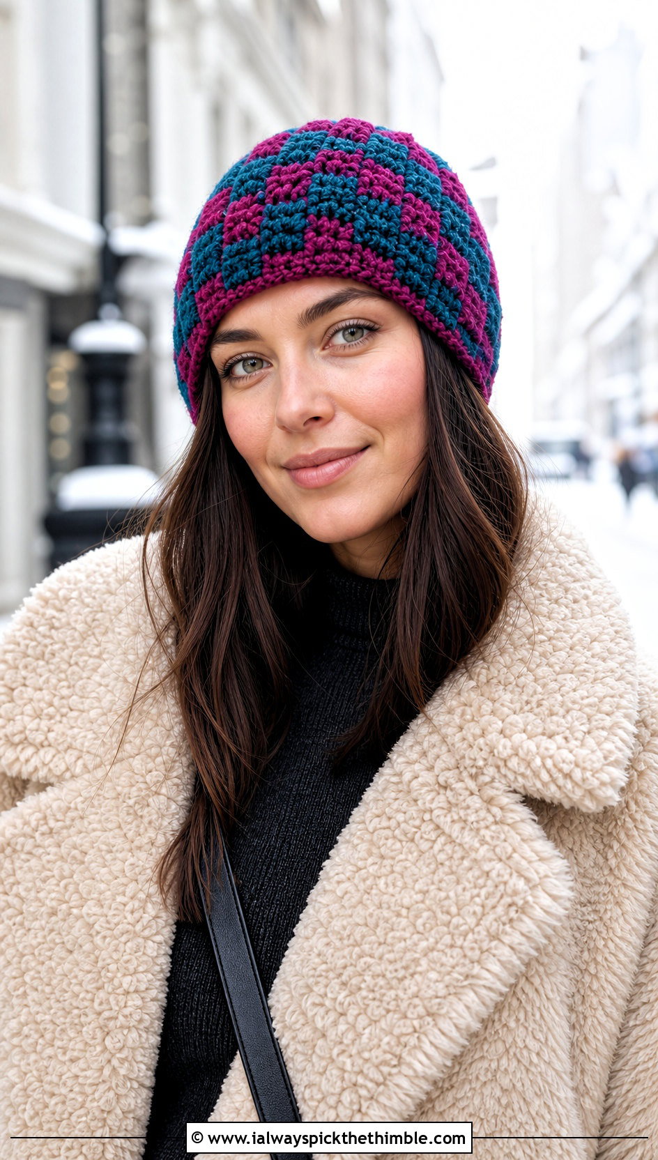 Alpine Stitch Checkered Beanie With Teddy Coat - 25 crochet checkered beanie outfit ideas