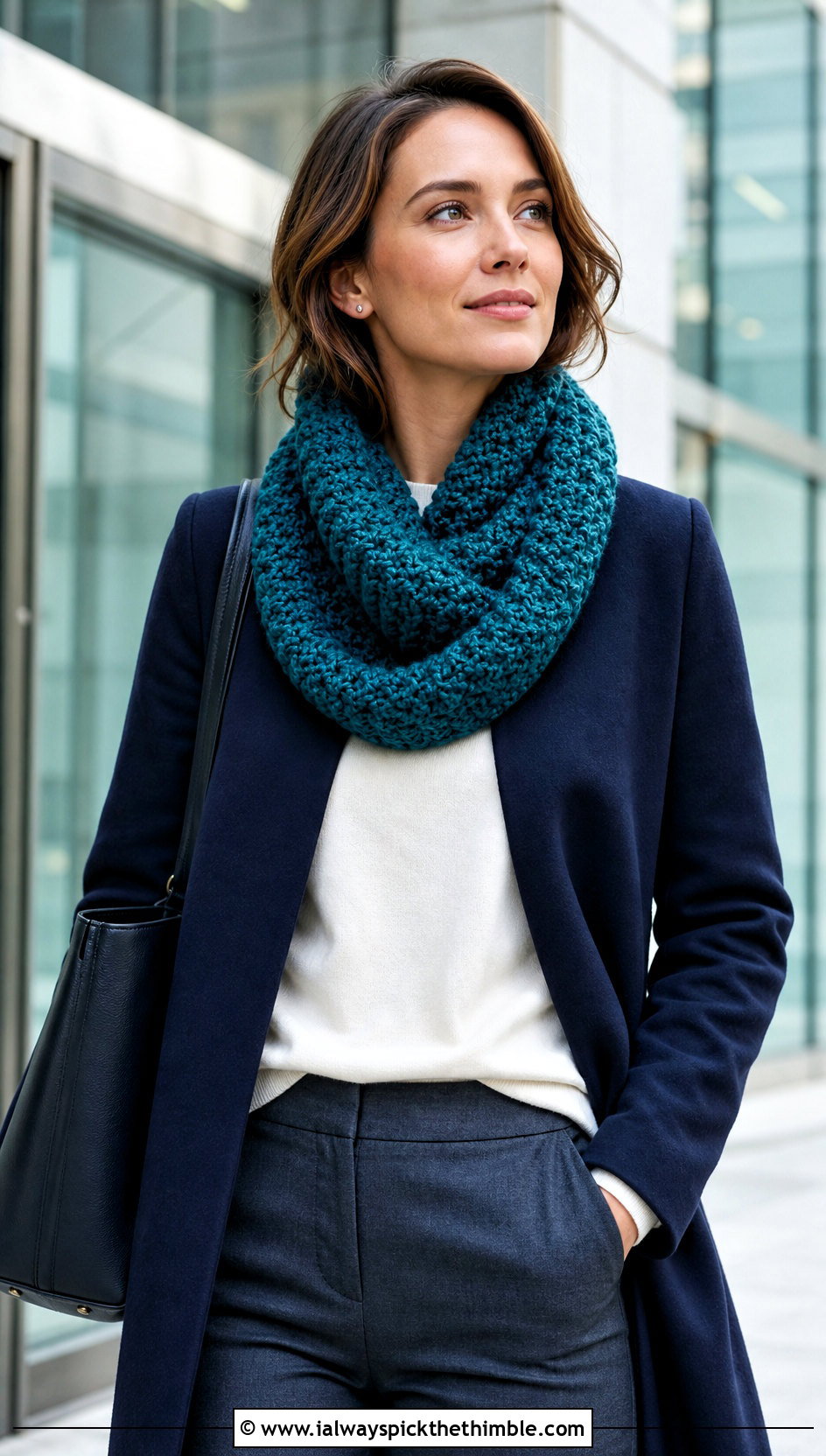 Alpine Stitch Chunky Yarn Crochet Cowl With Wool Coat And Trousers - 20 Chunky Yarn Crochet Cowl outfit ideas