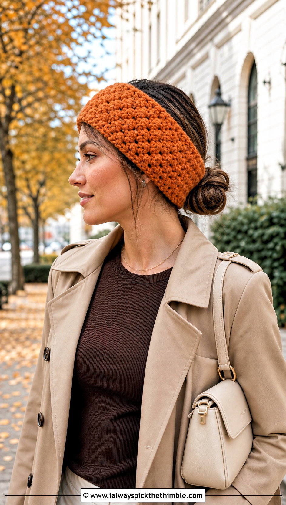 Alpine Stitch Chunky Yarn Crochet Ear Warmer With Trench Coat - 20 chunky yarn crochet ear warmer outfit ideas