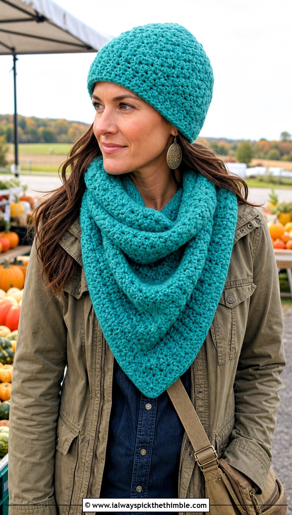 Alpine Stitch Crochet Beanie And Blanket Scarf With Utility Jacket - 25 crochet hat and scarf set outfit ideas