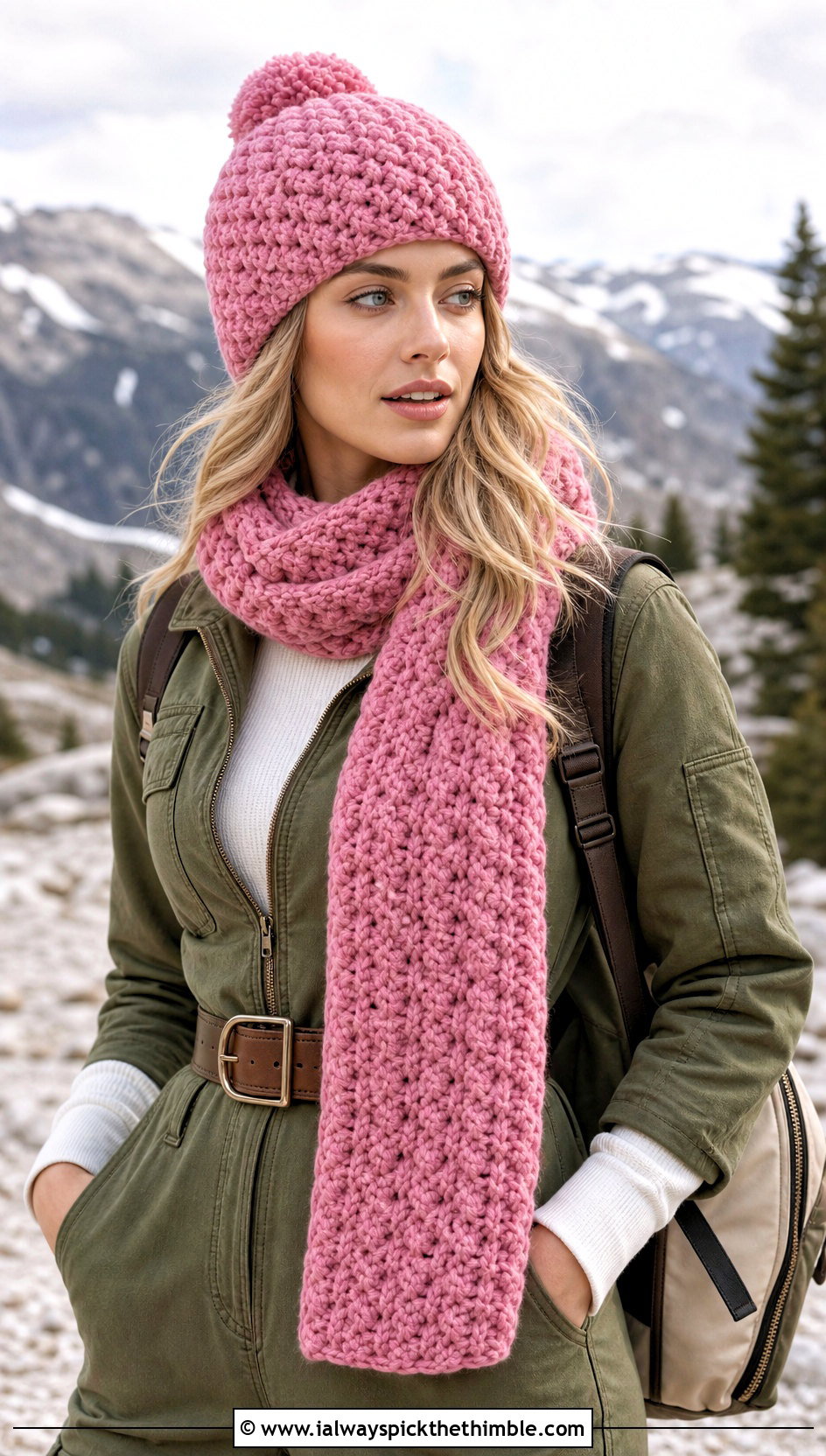Alpine Stitch Crochet Beanie And Scarf Set With Utility Jumpsuit - 20 crochet beanie and scarf set outfit ideas