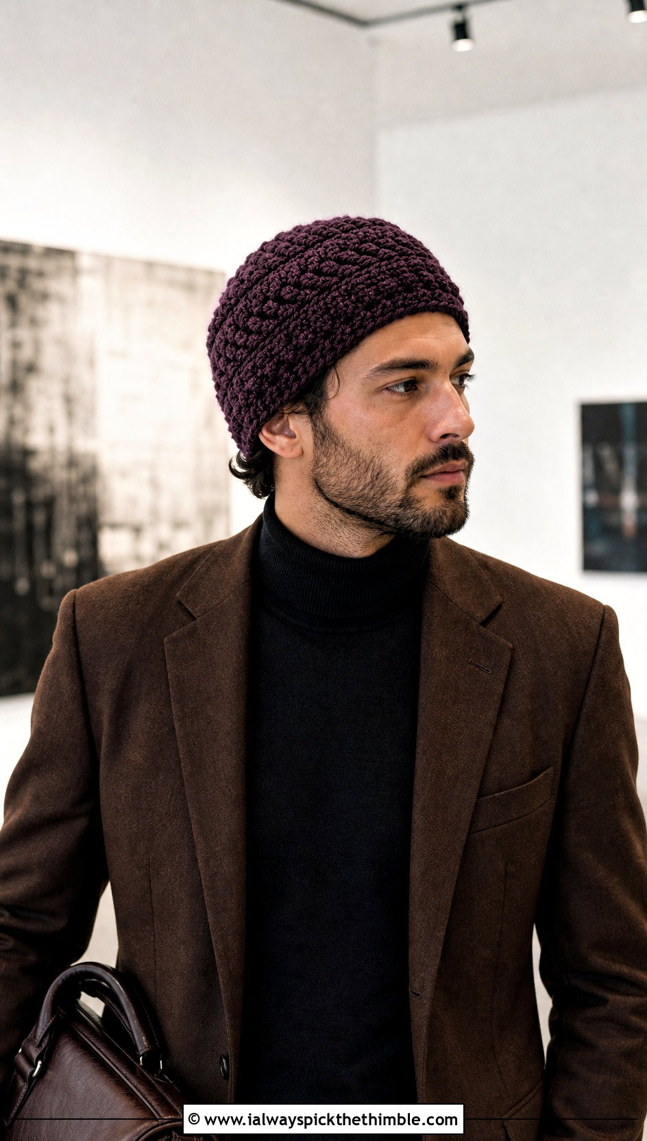 Alpine Stitch Crochet Beanie With Blazer And Turtleneck - 20 mens winter crochet hats outfit ideas
