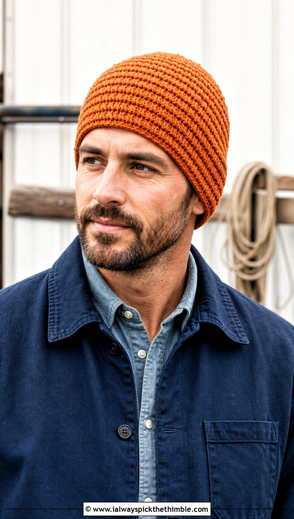 Alpine Stitch Crochet Beanie With Chore Coat - 20 crochet man beanie outfit ideas