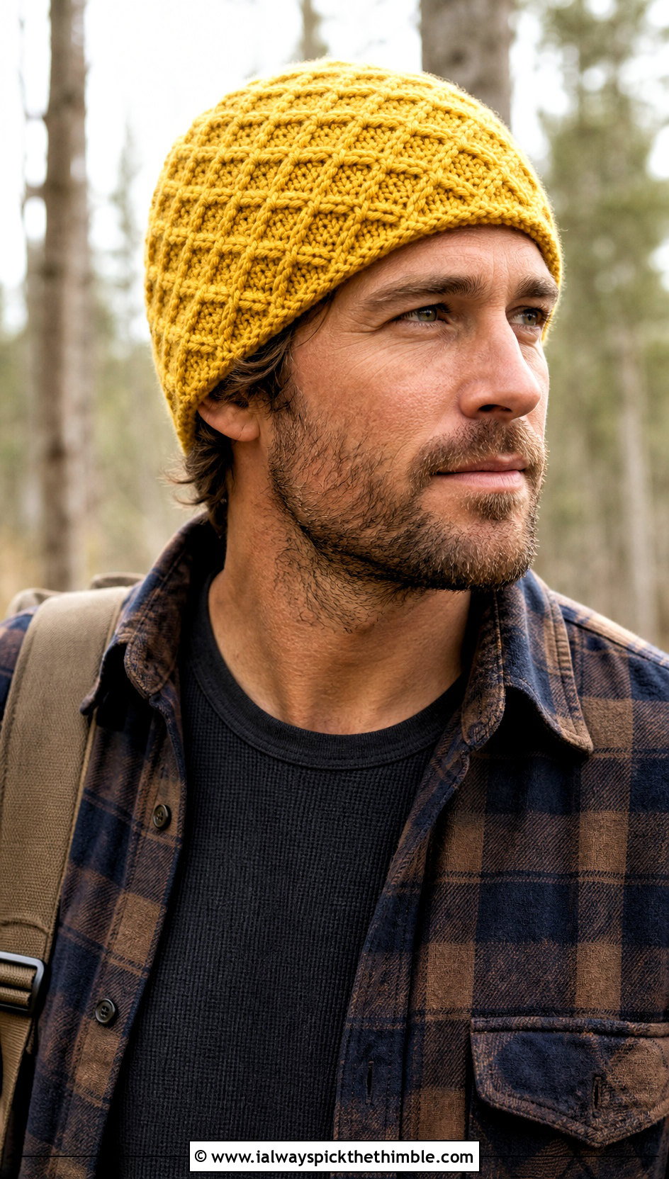 Alpine Stitch Crochet Beanie With Flannel Overshirt - 20 crochet for men's beanies outfit ideas