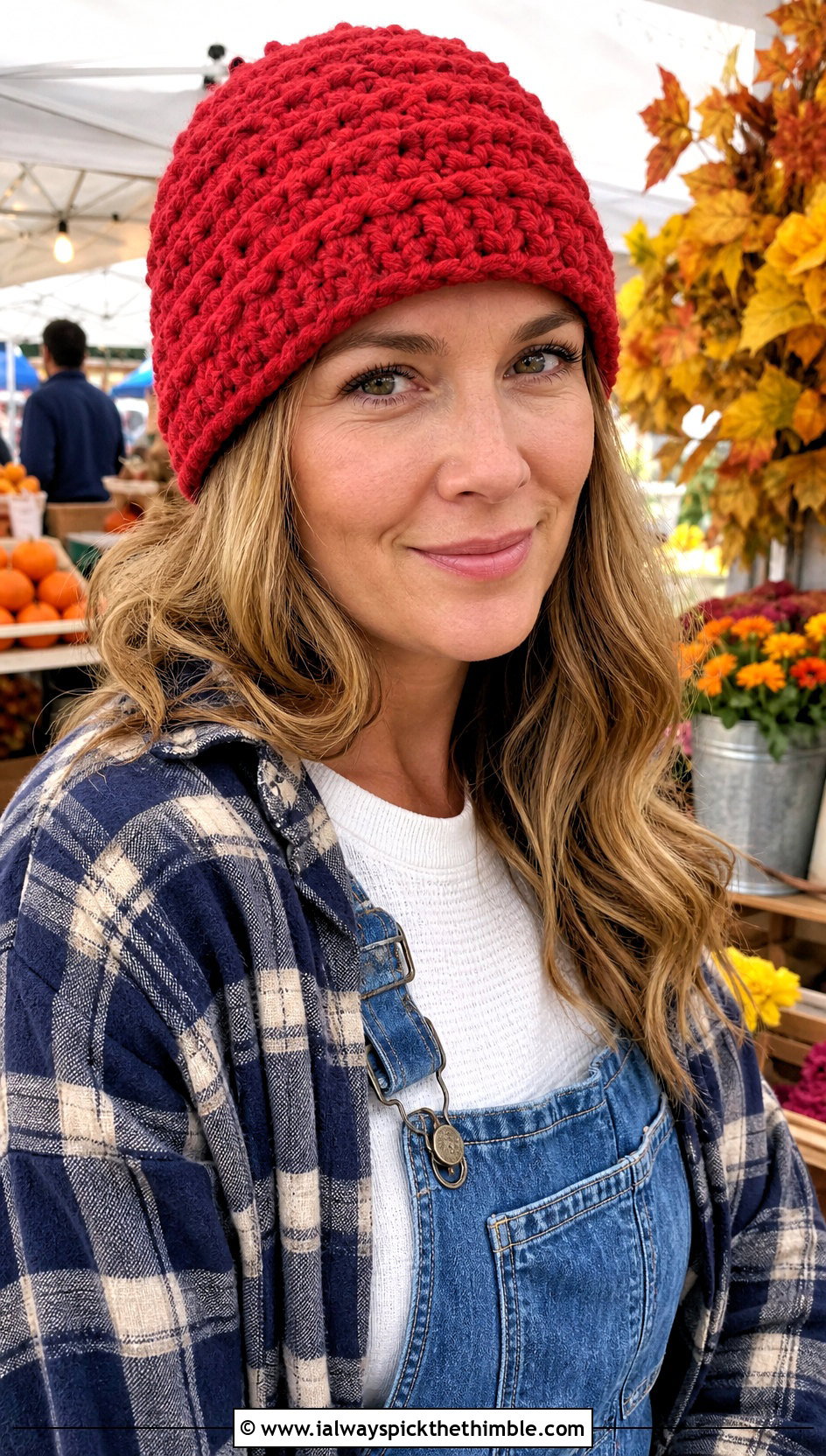 Alpine Stitch Crochet Beanie With Flannel Shirt And Overalls - 25 aesthetic crochet beanie outfit ideas