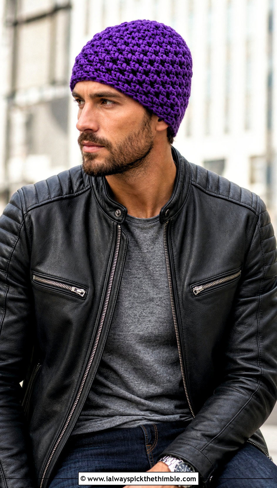Alpine Stitch Crochet Beanie With Leather Jacket - 25 crochet hat for man outfit ideas