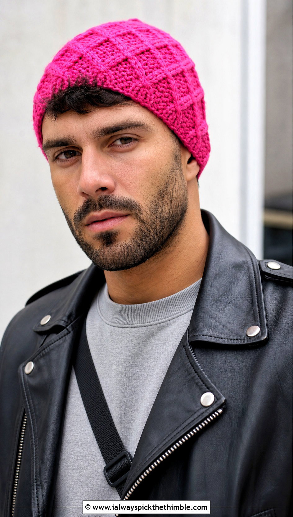 Alpine Stitch Crochet Beanie With Leather Jacket - 25 crochet beanie for men outfit ideas