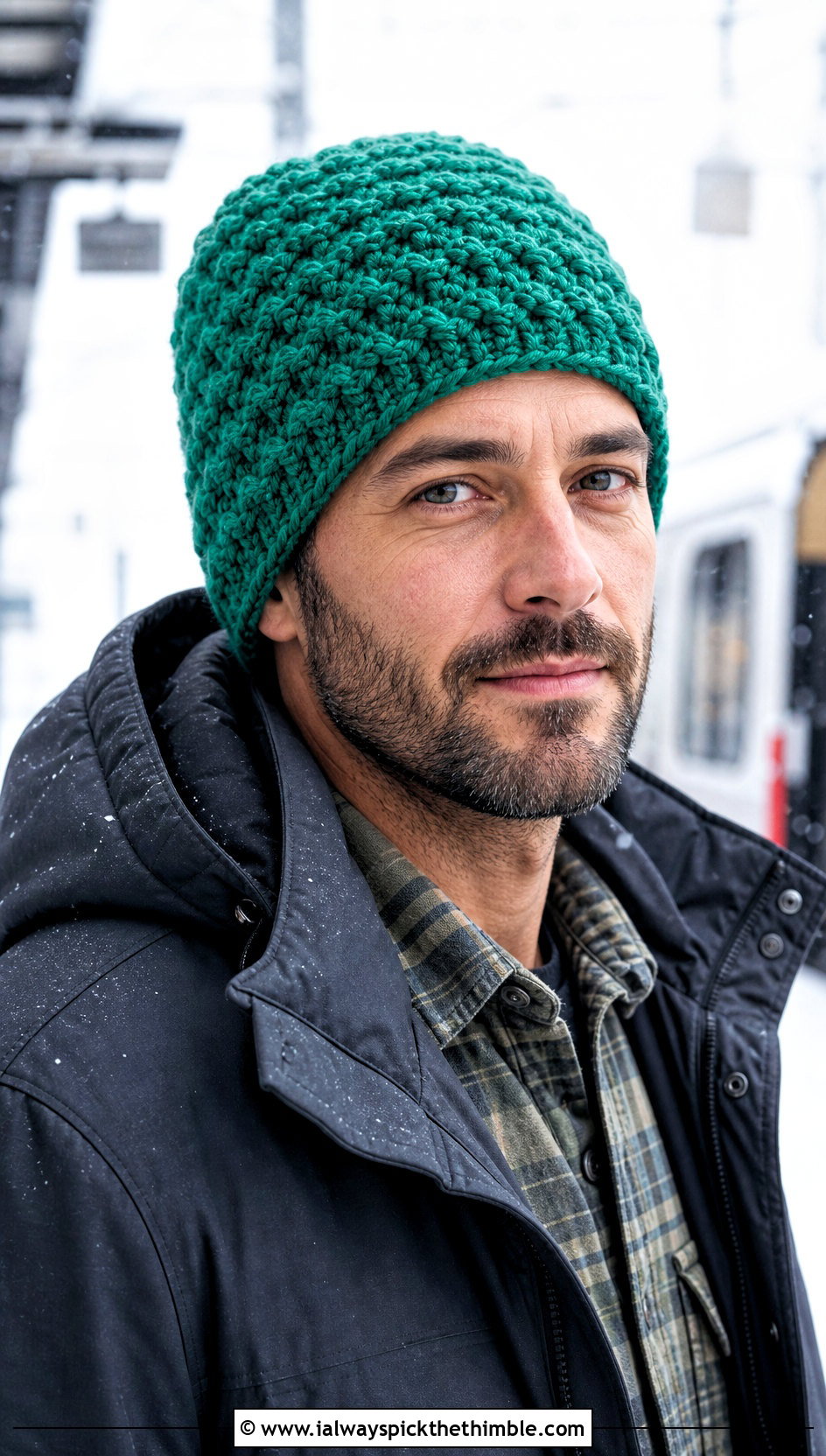 Alpine Stitch Crochet Beanie With Parka - 25 Men Crochet Beanie outfit ideas