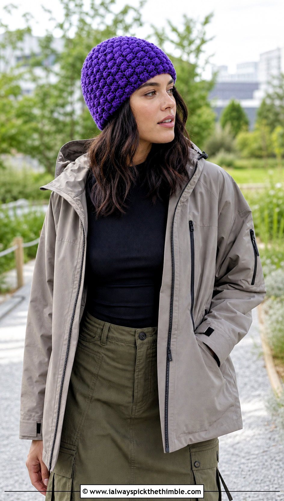 Alpine Stitch Crochet Beanie With Parka And Cargo Skirt - 25 crochet beanie hat outfit ideas