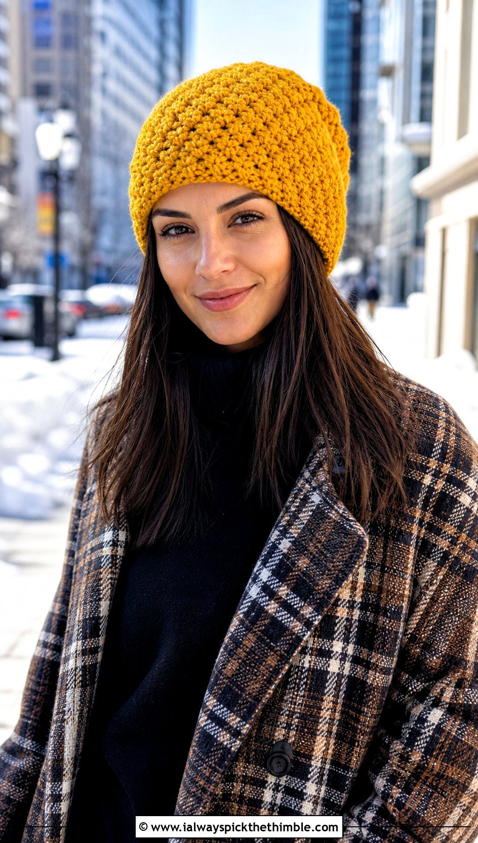 Alpine Stitch Crochet Beanie With Plaid Coat And Straight Jeans - 20 winter crochet hat for women outfit ideas