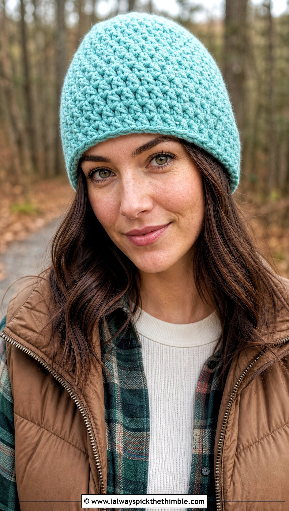 Alpine Stitch Crochet Beanie With Puffer Vest And Plaid Shirt - 20 country cottage crochet beanie outfit ideas