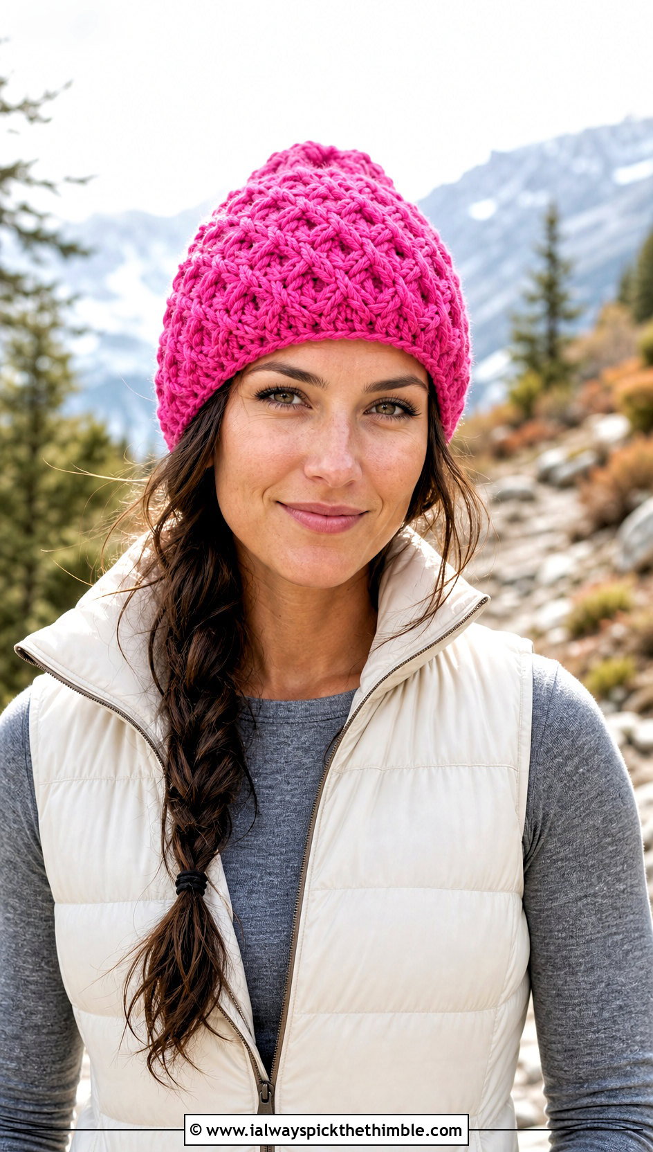 Alpine Stitch Crochet Beanie With Puffer Vest - 20 Women Crochet Beanie outfit ideas