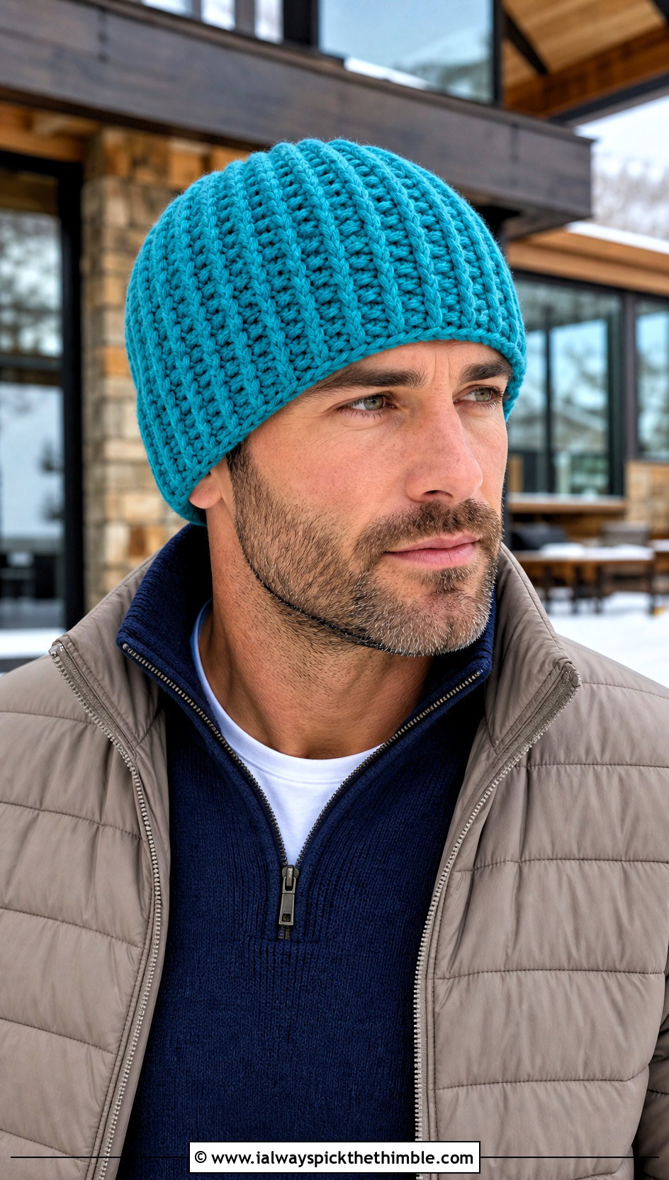 Alpine Stitch Crochet Beanie With Quarter Zip Sweater - 20 Crochet Mens Winter Hat outfit ideas