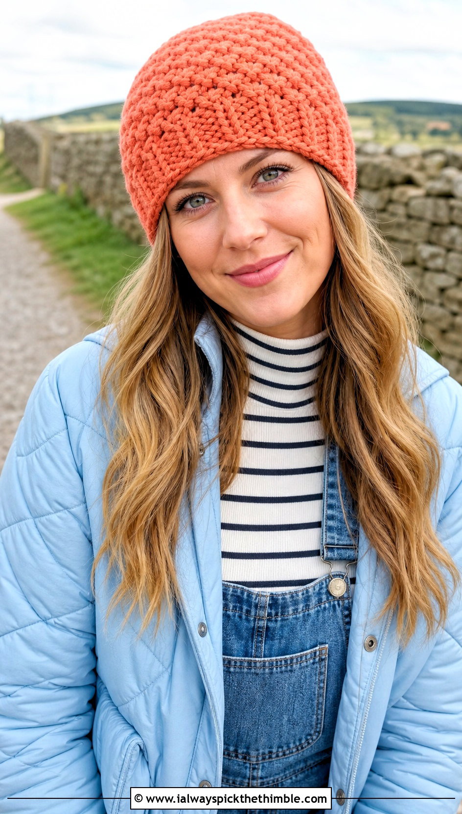 Alpine Stitch Crochet Beanie With Quilted Jacket And Overalls - 25 basic crochet beanie outfit ideas