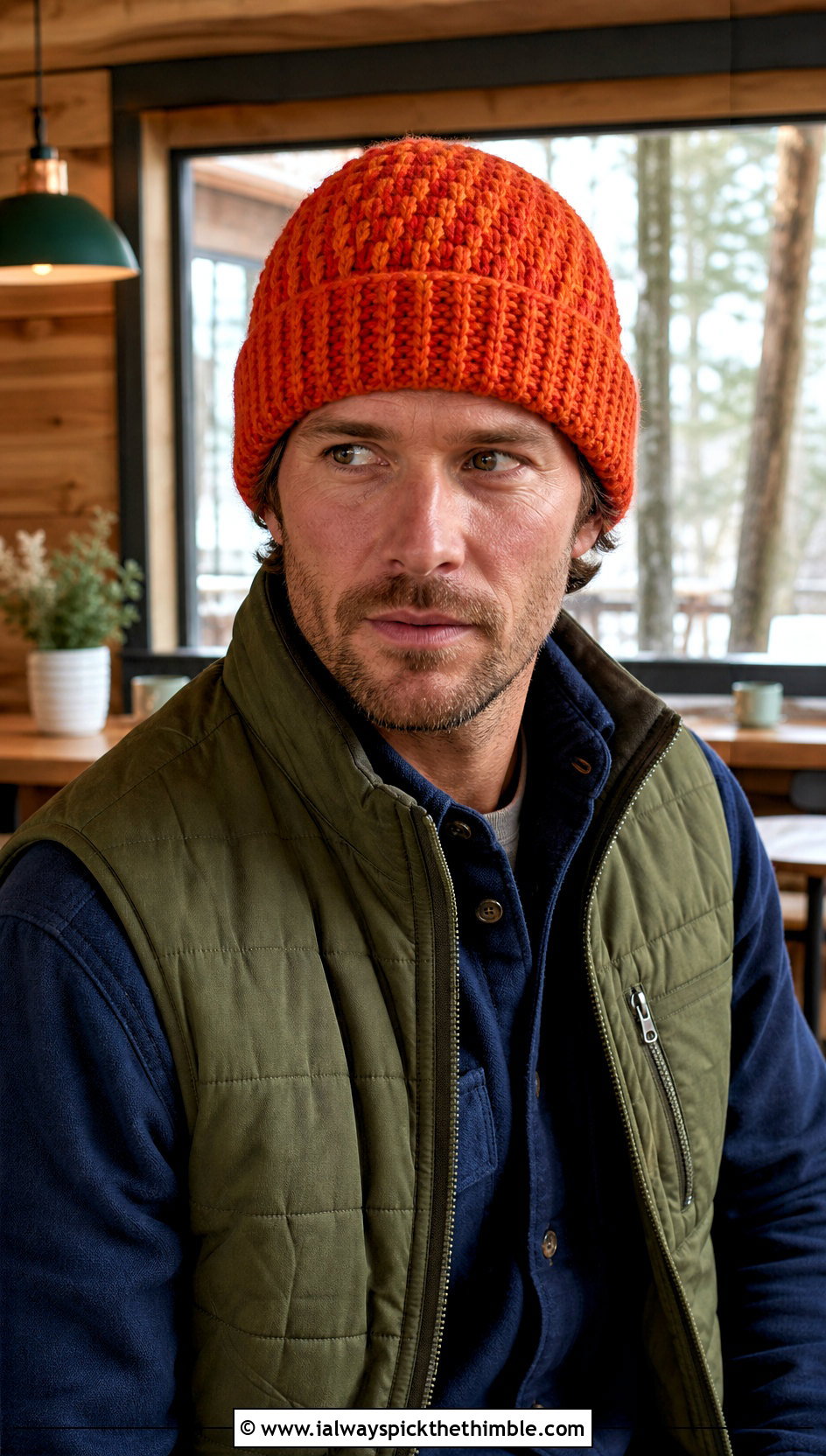 Alpine Stitch Crochet Beanie With Quilted Vest - 25 crochet hats men outfit ideas