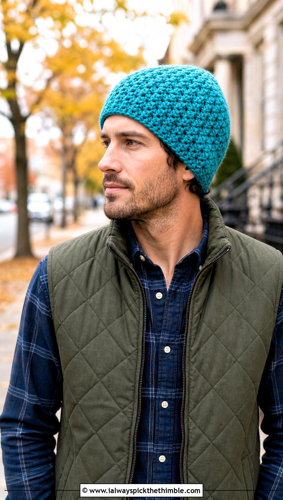 Alpine Stitch Crochet Beanie With Quilted Vest - 20 easy men's crochet beanie outfit ideas