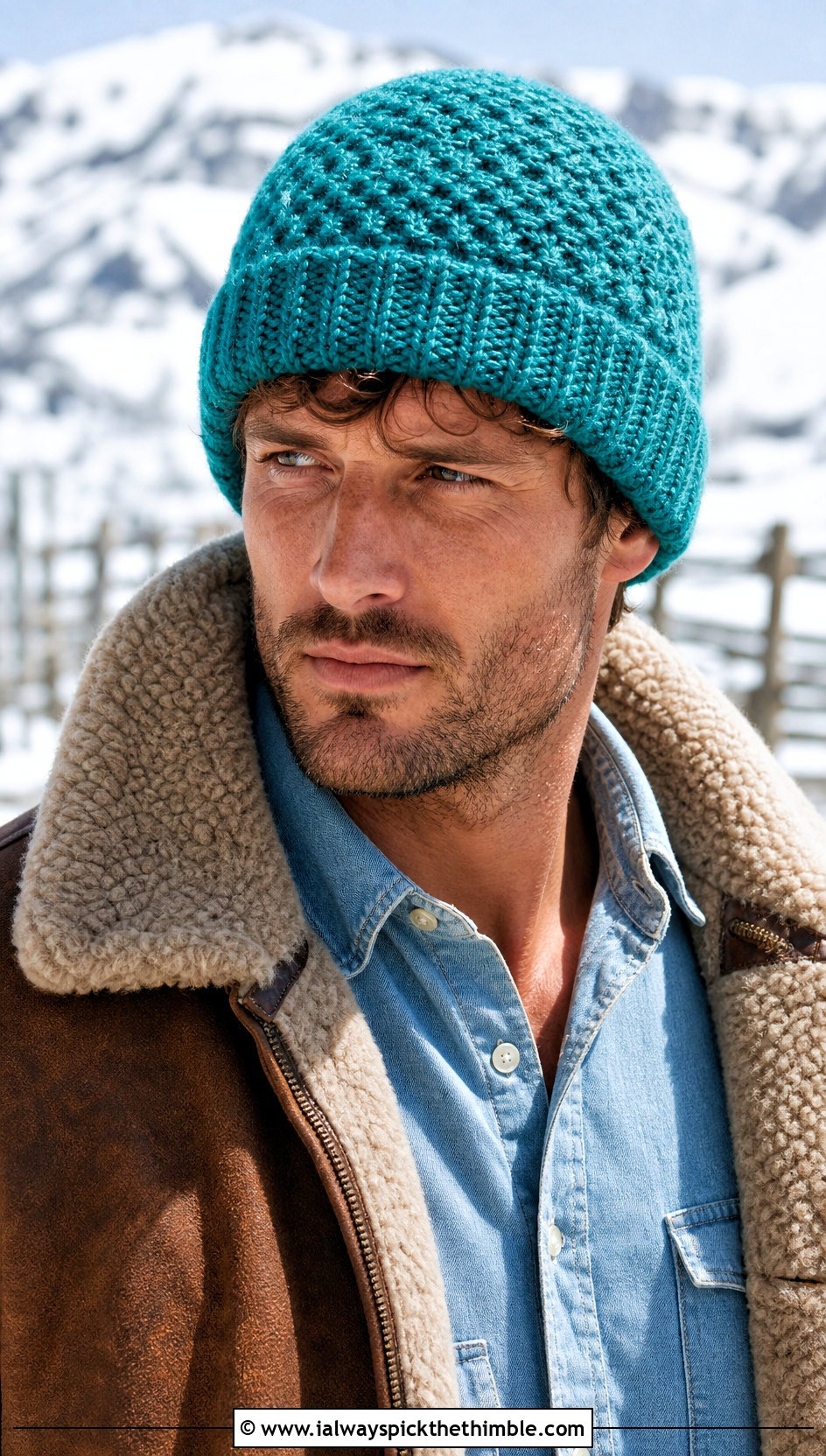 Alpine Stitch Crochet Beanie With Shearling Jacket - 20 easy crochet beanie for men outfit ideas