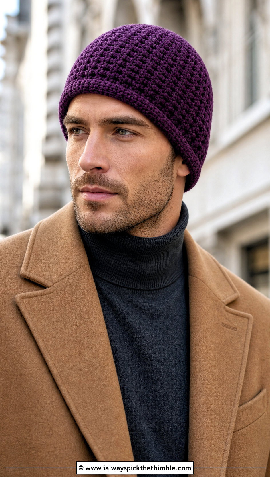 Alpine Stitch Crochet Beanie With Turtleneck And Coat - 25 men's crochet beanie outfit ideas