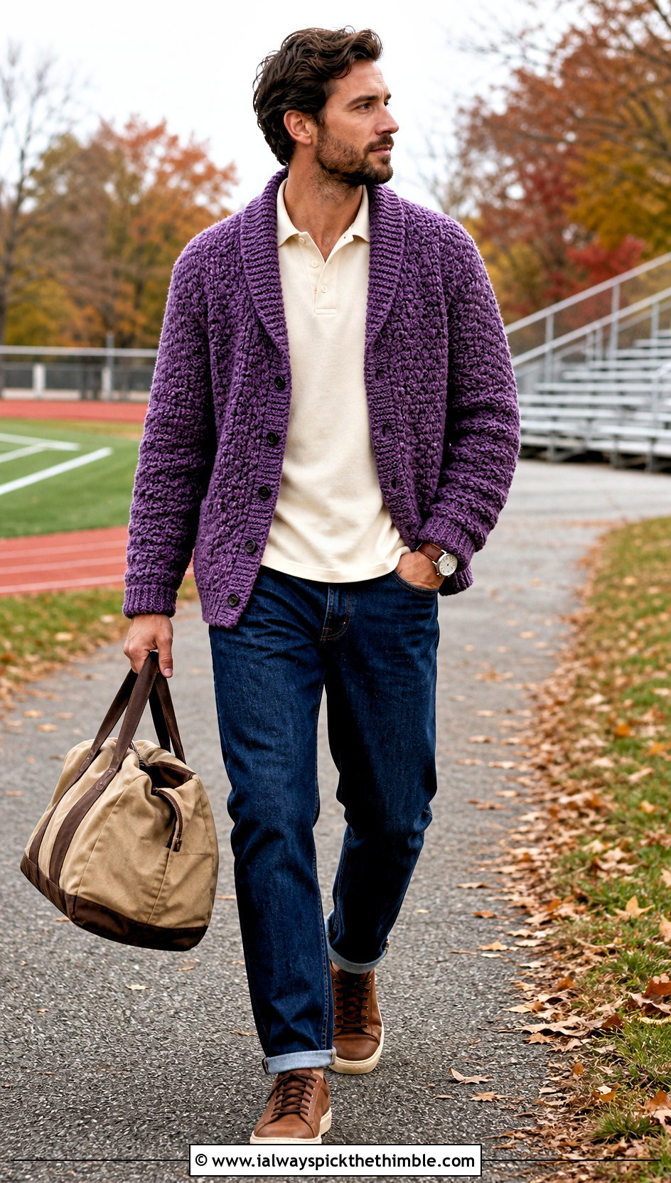 Alpine Stitch Crochet Cardigan With Rugby Shirt And Jeans - 25 mens crochet cardigan outfit ideas