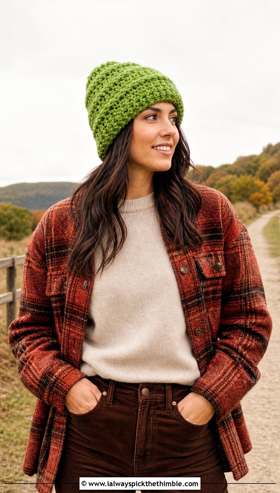 Alpine Stitch Crochet Chunky Beanie With Shacket And Corduroy Pants - 25 crochet chunky beanie outfit ideas