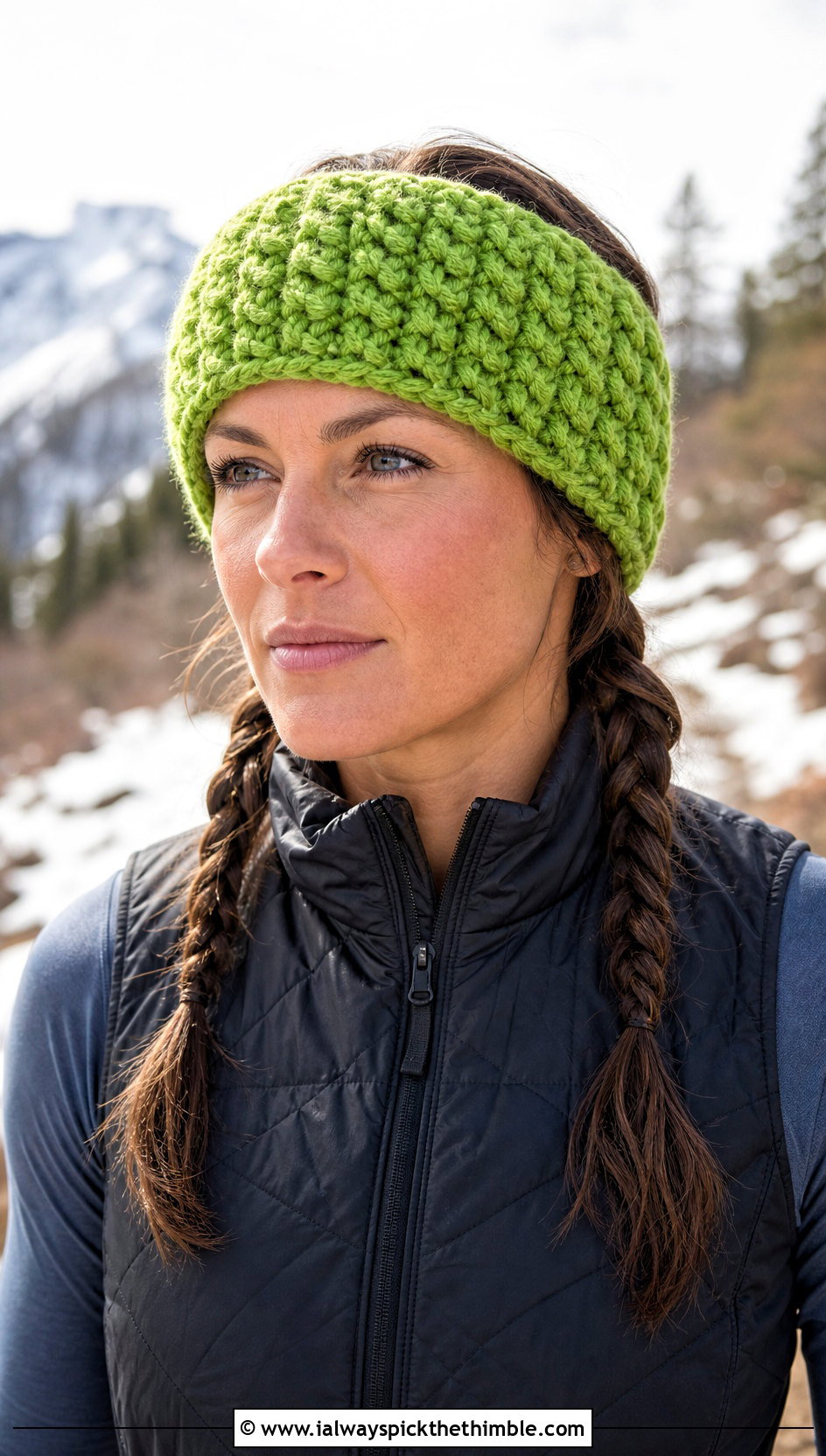 Alpine Stitch Crochet Chunky Ear Warmer With Quilted Vest - 20 Crochet Chunky Ear Warmer outfit ideas