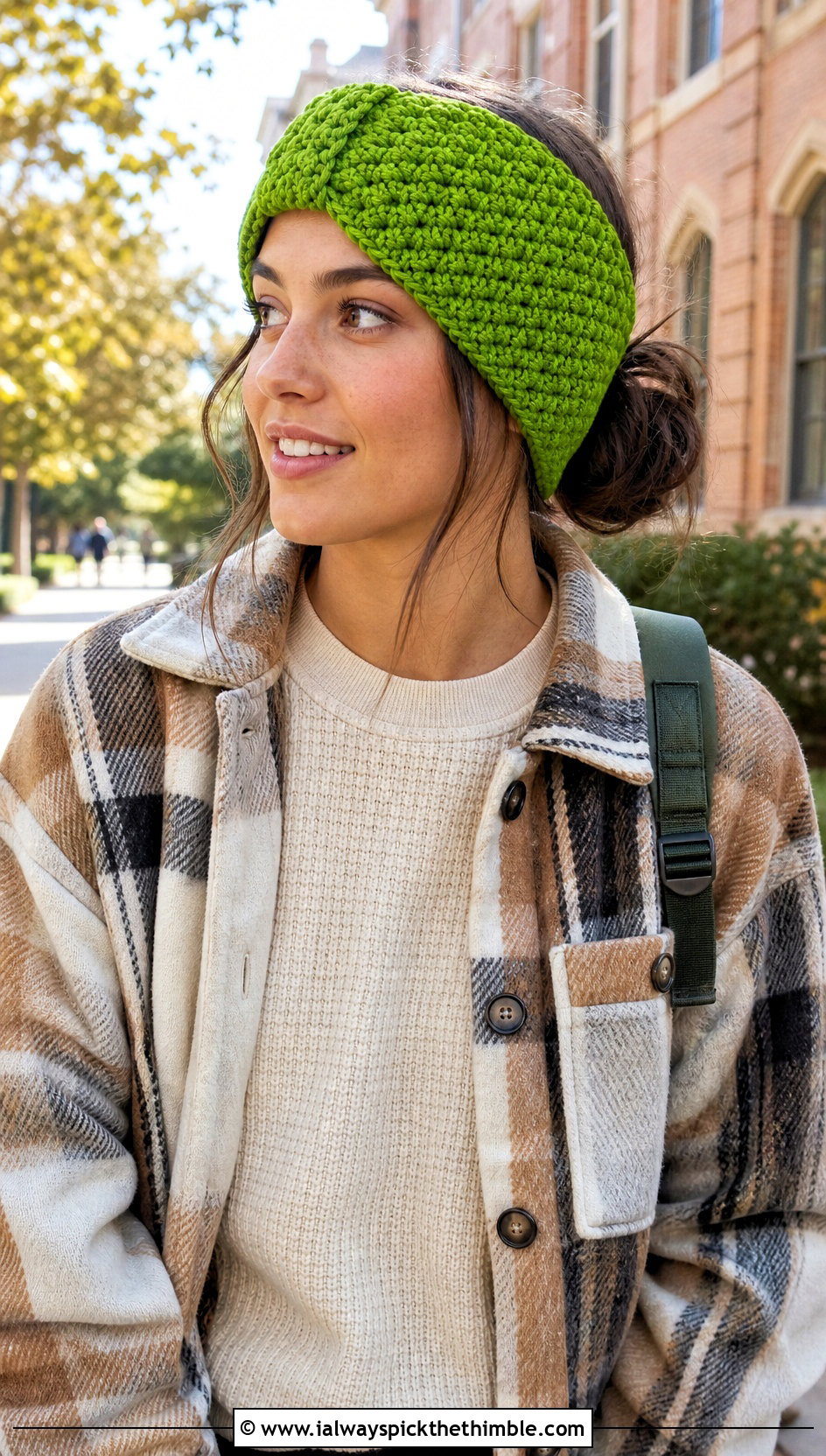 Alpine Stitch Crochet Ear Warmer With Shacket - 25 Easy Crochet Ear Warmer outfit ideas