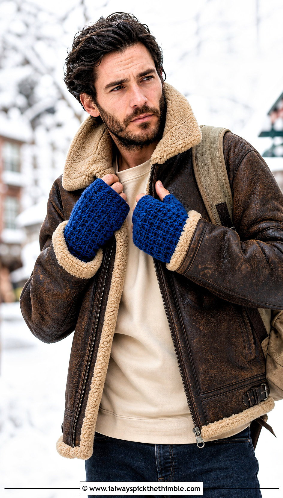 Alpine Stitch Crochet Fingerless Gloves With Shearling Jacket - 20 Crochet Mens Fingerless Gloves outfit ideas
