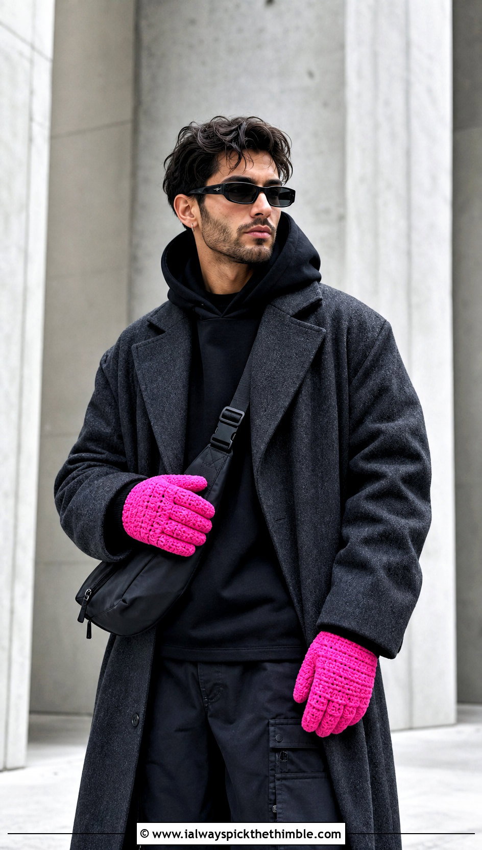Alpine Stitch Crochet Gloves With Monochrome Streetwear - 25 crochet gloves for men outfit ideas