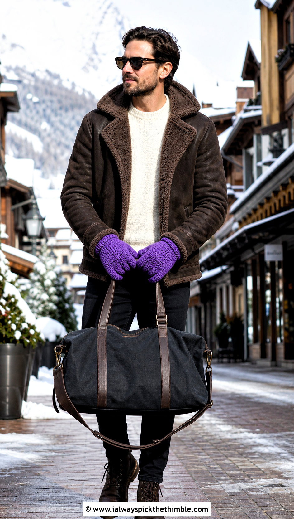 Alpine Stitch Crochet Gloves With Shearling Jacket - 25 men crochet gloves outfit ideas