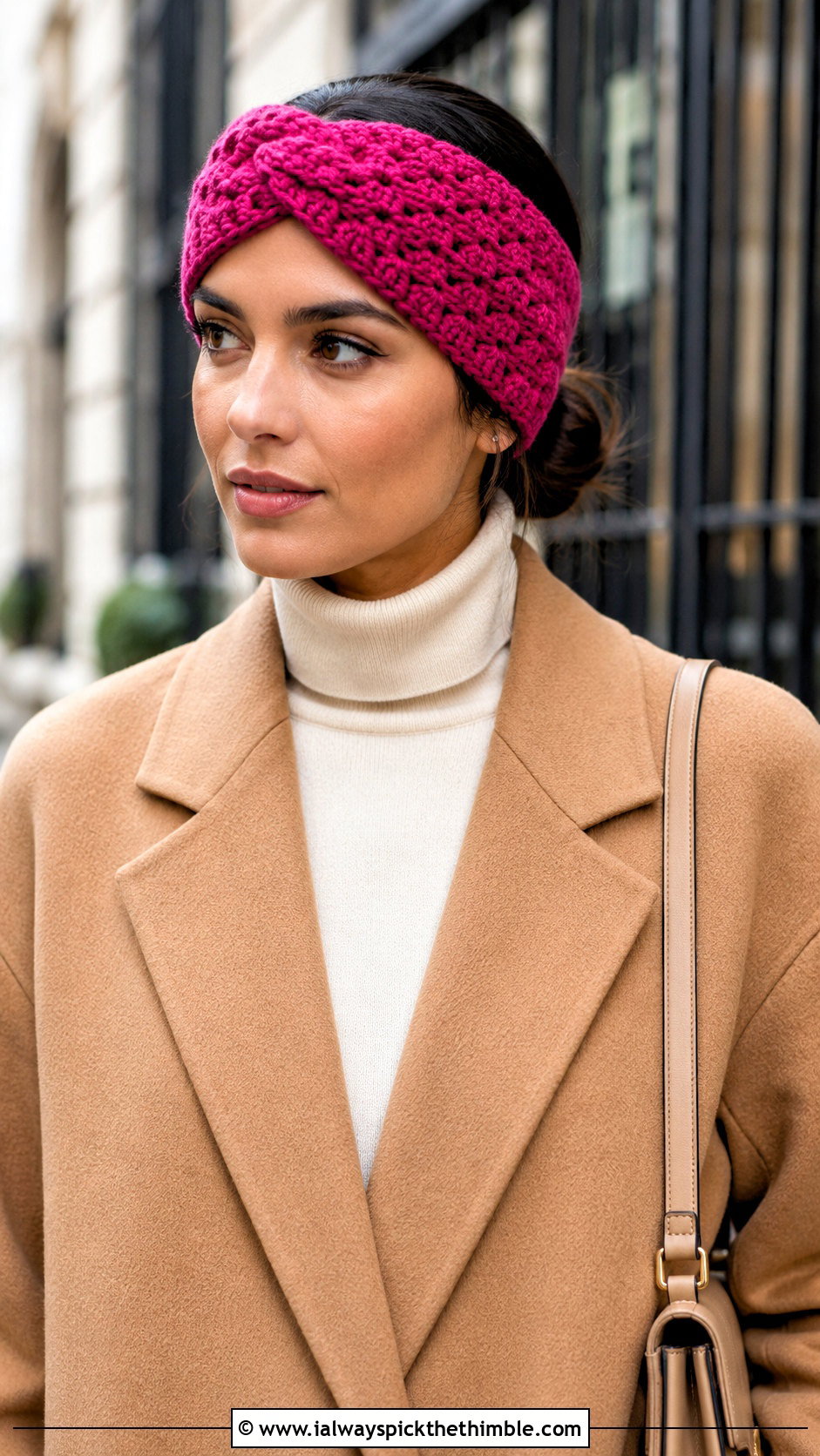 Alpine Stitch Crochet Headband With Wool Coat - 25 crochet winter headband outfit ideas