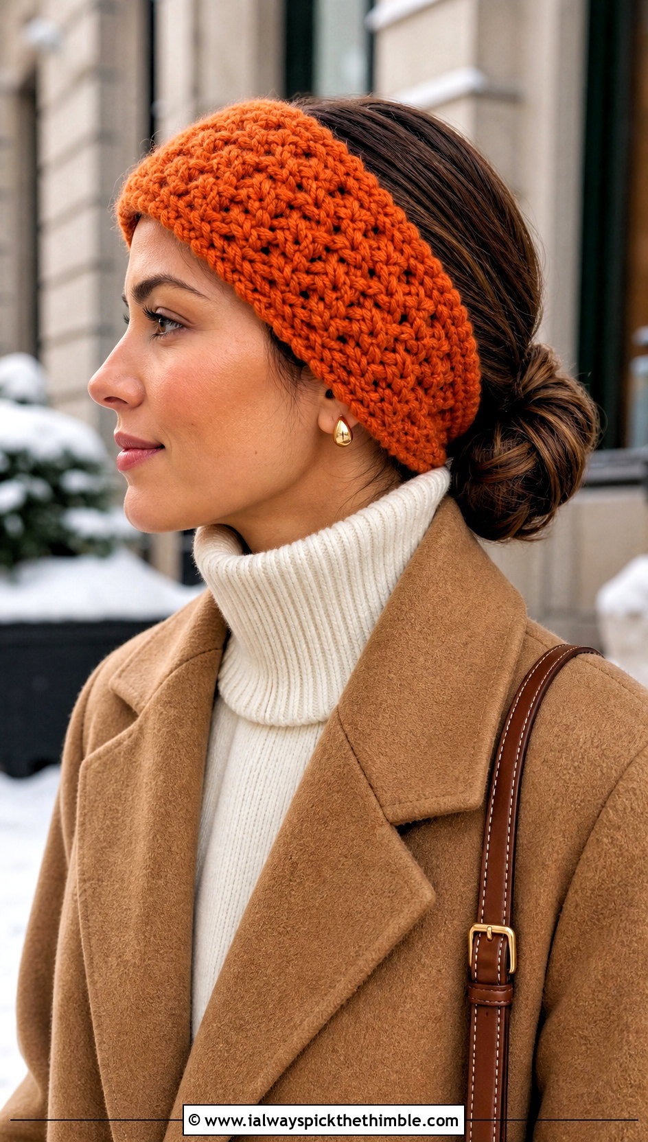 Alpine Stitch Crochet Headband With Wool Coat - 25 winter crochet headband outfit ideas