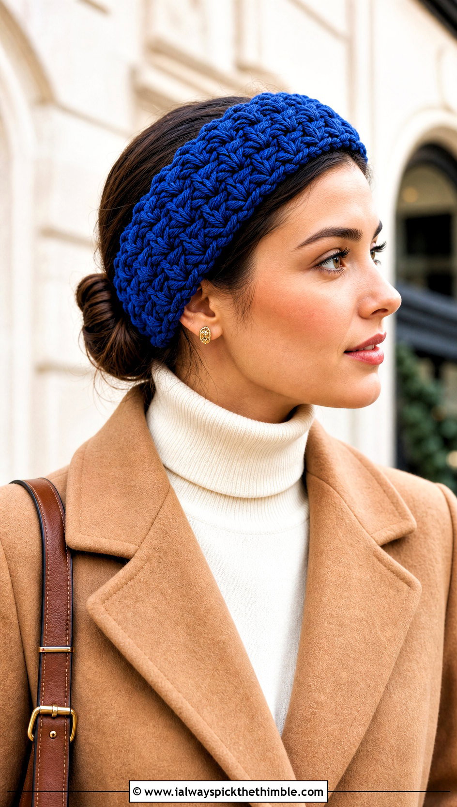 Alpine Stitch Crochet Headband With Wool Coat - 20 Easy Crochet Winter Headband outfit ideas