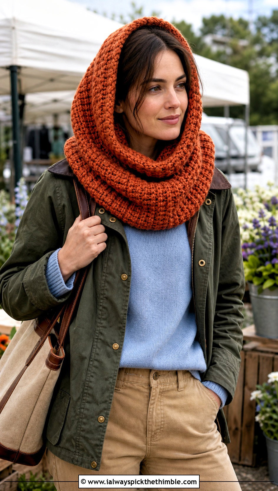 Alpine Stitch Crochet Hooded Cowl With Barn Jacket - 25 crochet hooded cowl outfit ideas