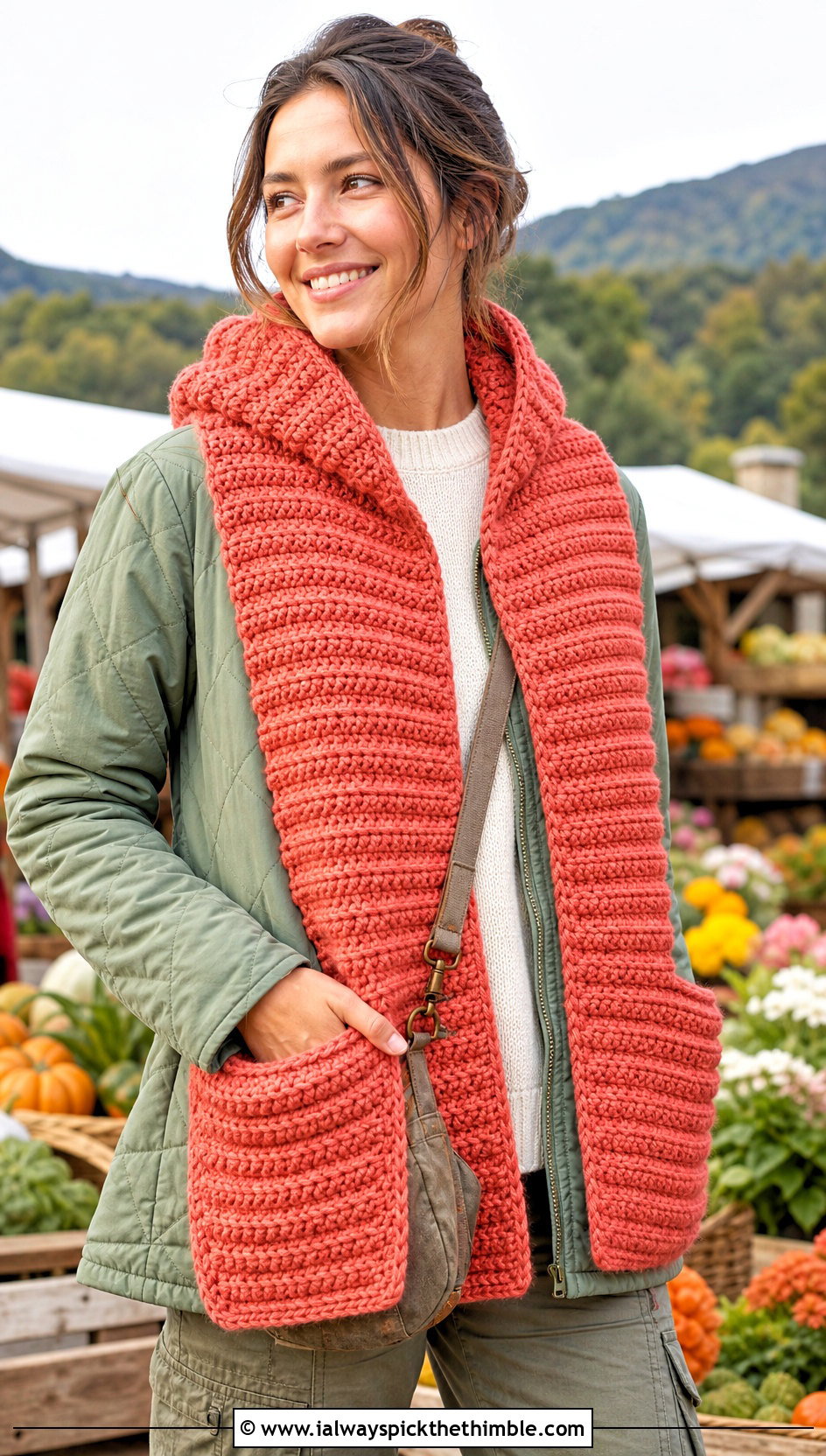 Alpine Stitch Crochet Hooded Pocket Scarf With Quilted Jacket - 20 crochet hooded pocket scarf outfit ideas
