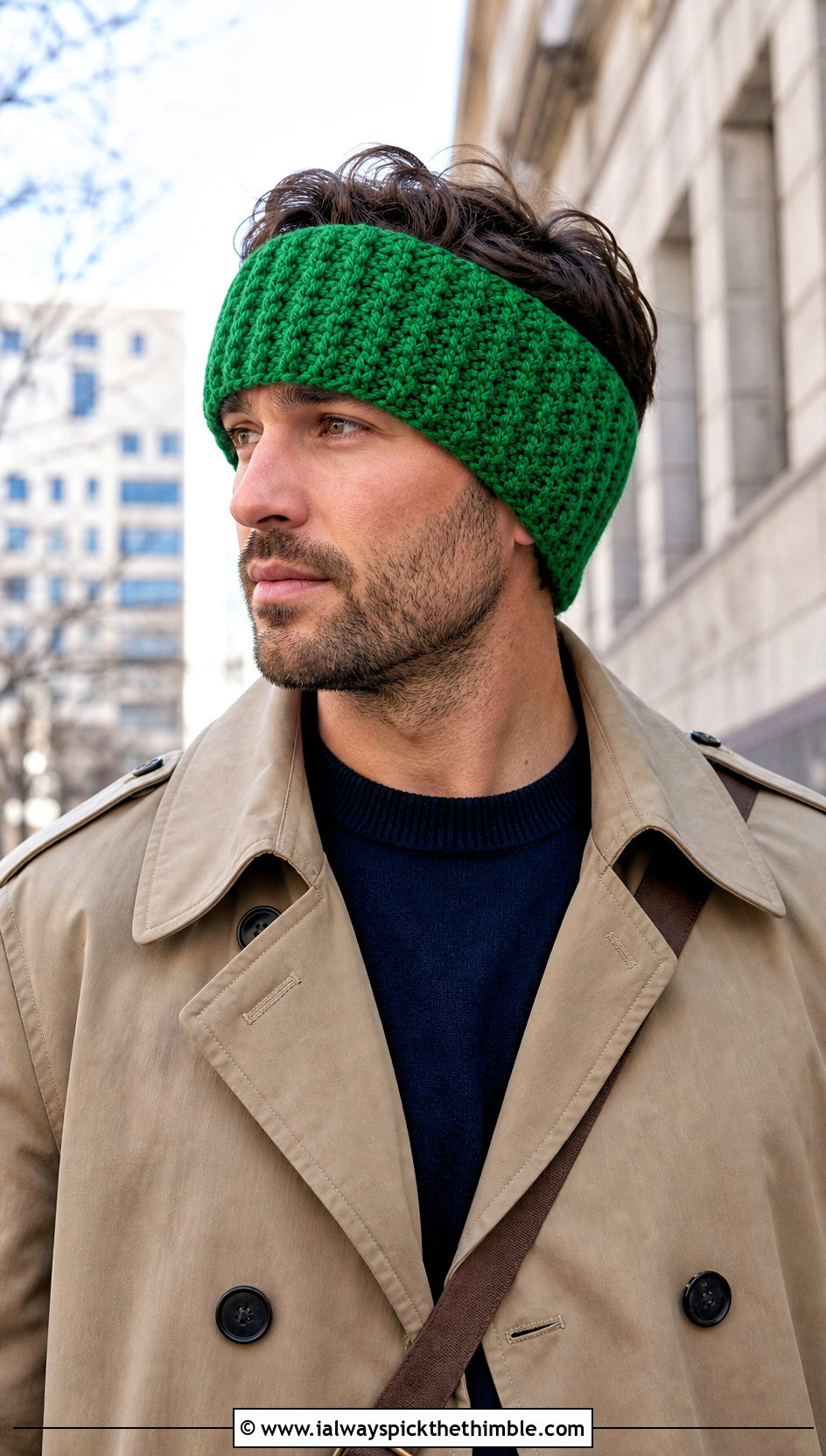 Alpine Stitch Crochet Mens Ear Warmer With Trench Coat - 20 Crochet Mens Ear Warmer outfit ideas