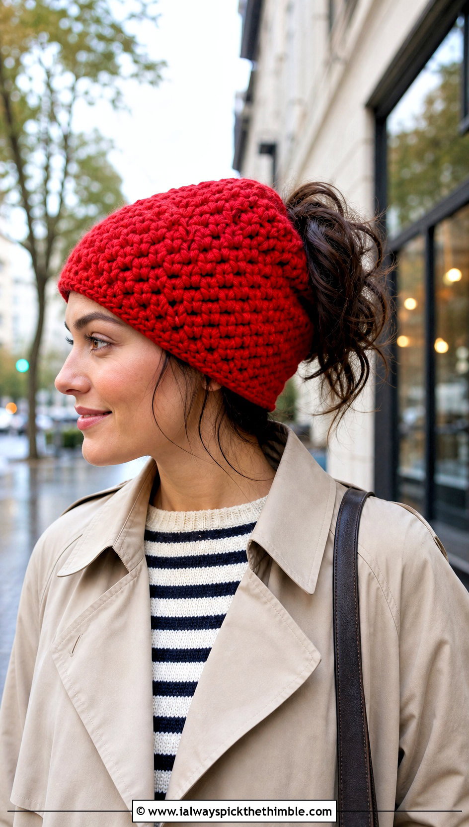 Alpine Stitch Crochet Messy Bun Hat With Trench Coat - 15 Easy Crochet Messy Bun Hat outfit ideas