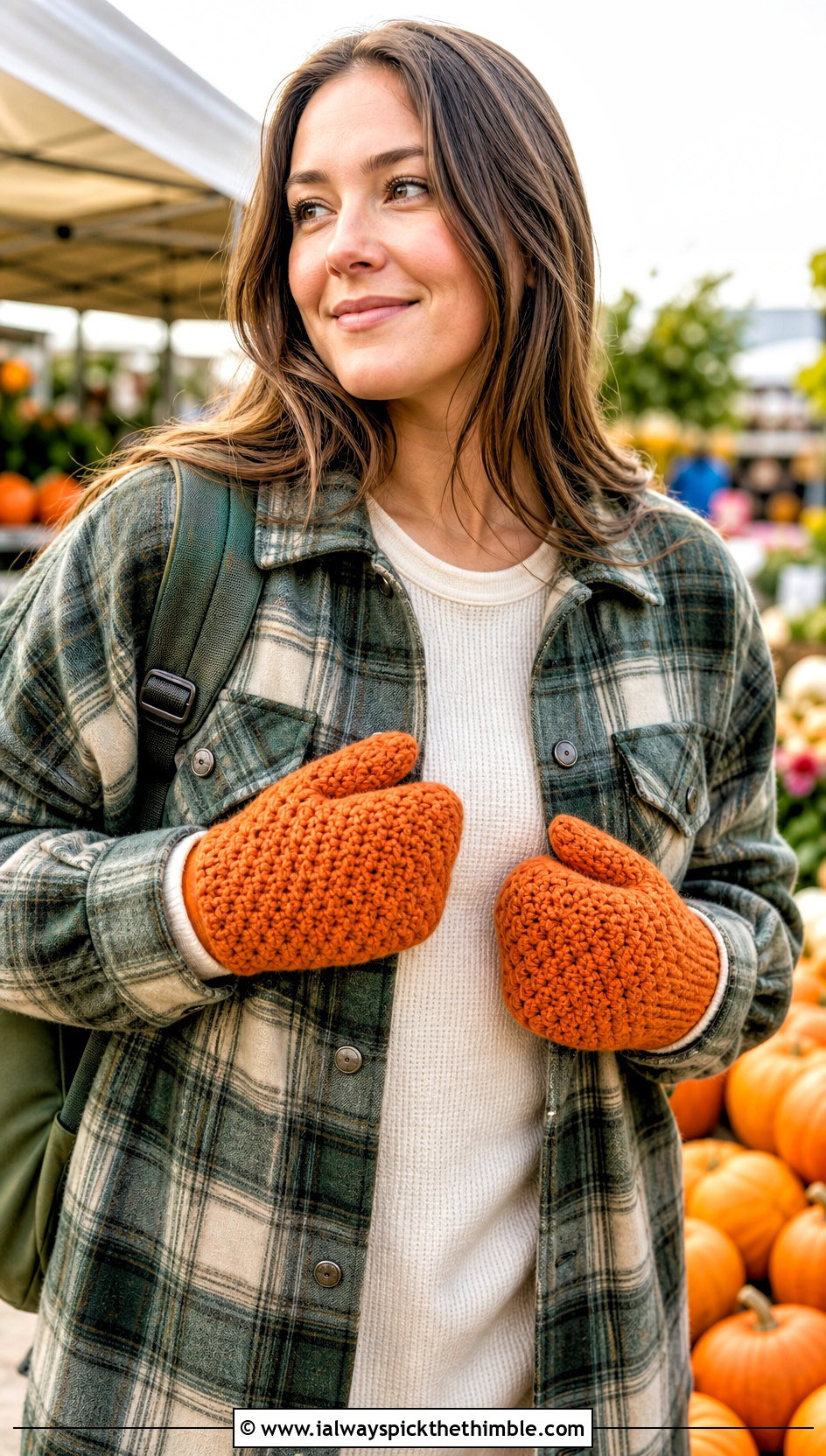 Alpine Stitch Crochet Mittens With Plaid Shacket - 25 easy crochet mittens outfit ideas
